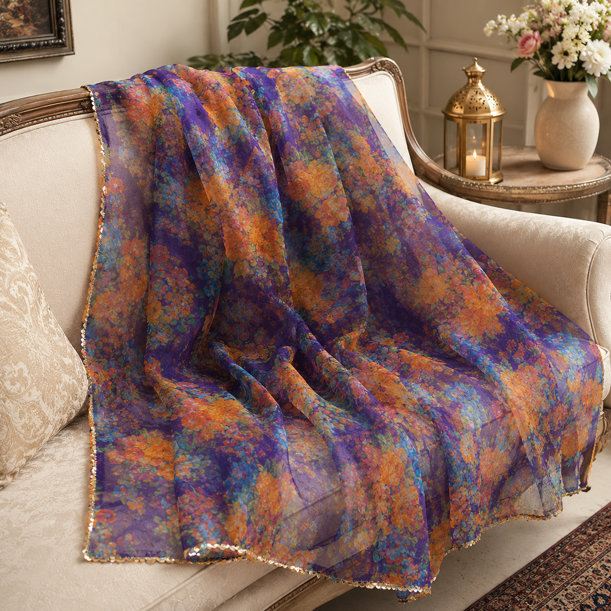 Midnight Bloom Floral Organza Dupatta – 2.5 Yards