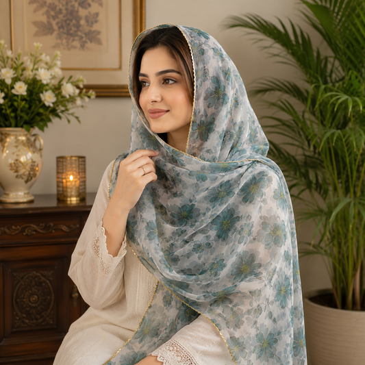 Bloom Printed Organza Dupatta – 2.5 Yards Elegant Floral Luxury Wrap