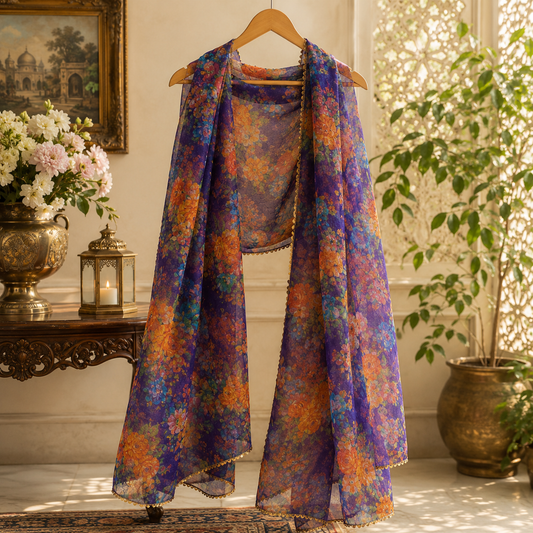 Midnight Bloom Floral Organza Dupatta – 2.5 Yards