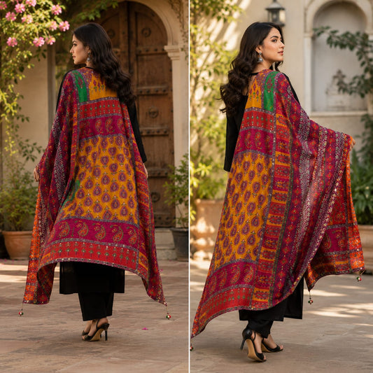 Premium Mirror Work Shawl – 2.5 Ghaz | Vibrant Ethnic Design