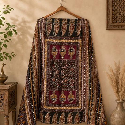 Luxury Mirror Work Shawl (2.5 Ghaz) – Soft Fabric with Elegant Design