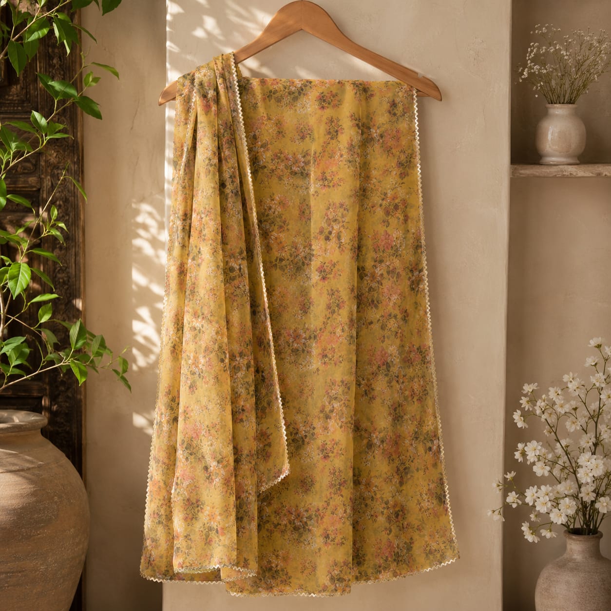 Luxury Floral Print Organza Dupatta – Soft Yellow 2.5 Yards