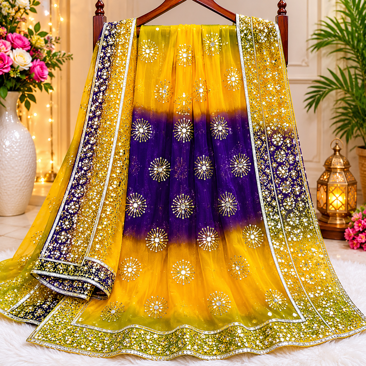 ✨ Royal Fuchsia & Emerald Luxury Mirror Work Net Dupatta – 2.5 Yards ✨