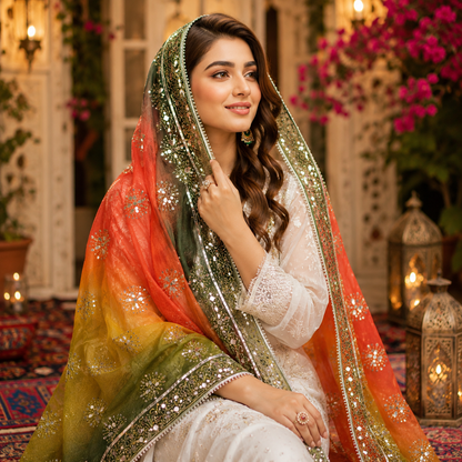 Royal Spectrum Mirror Work Organza Dupatta – 2.5 Yards