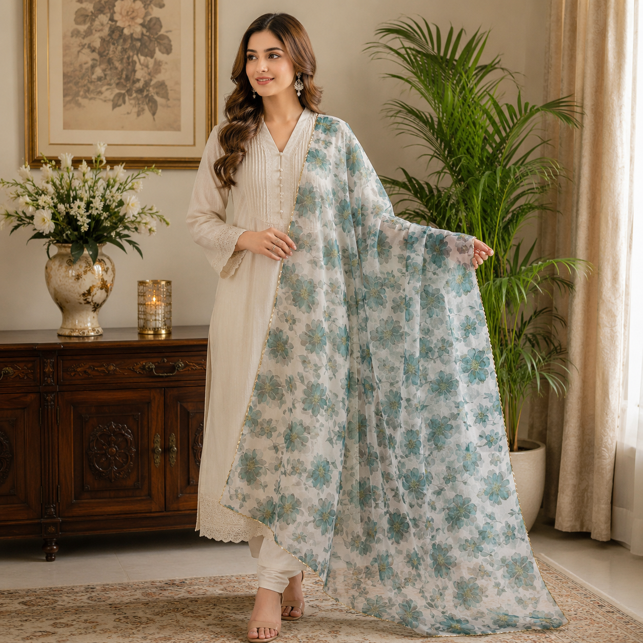 Bloom Printed Organza Dupatta – 2.5 Yards Elegant Floral Luxury Wrap