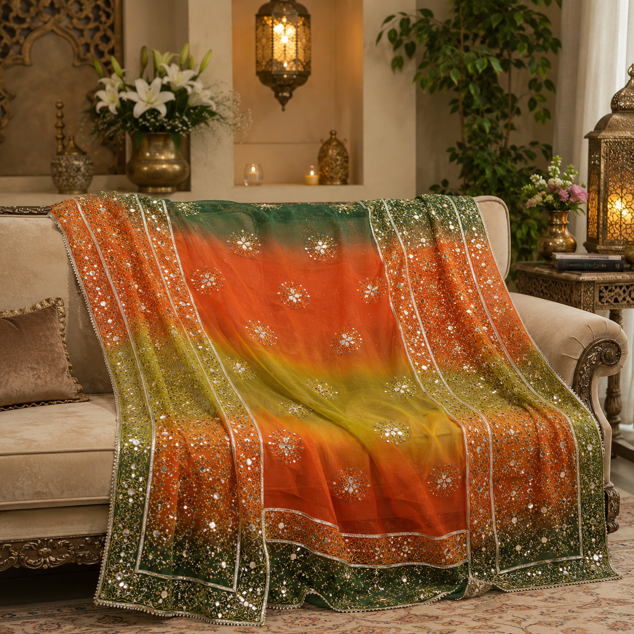 Royal Spectrum Mirror Work Organza Dupatta – 2.5 Yards