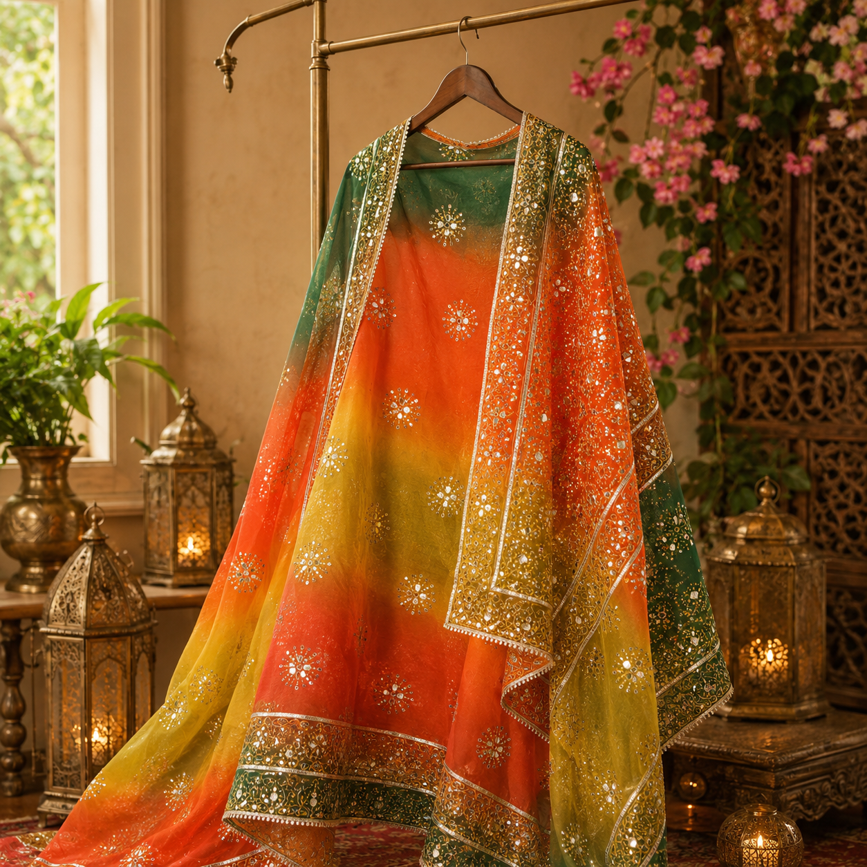 Royal Spectrum Mirror Work Organza Dupatta – 2.5 Yards