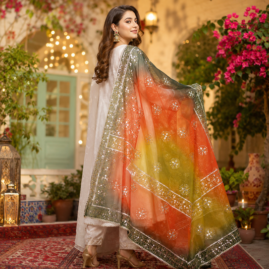 Royal Spectrum Mirror Work Organza Dupatta – 2.5 Yards