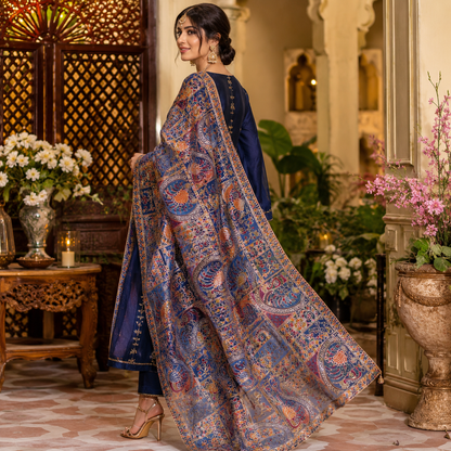 Maria B Luxury Embroidered Organza Dupatta – Royal Blue Paisley Edition (2.5 Yards)