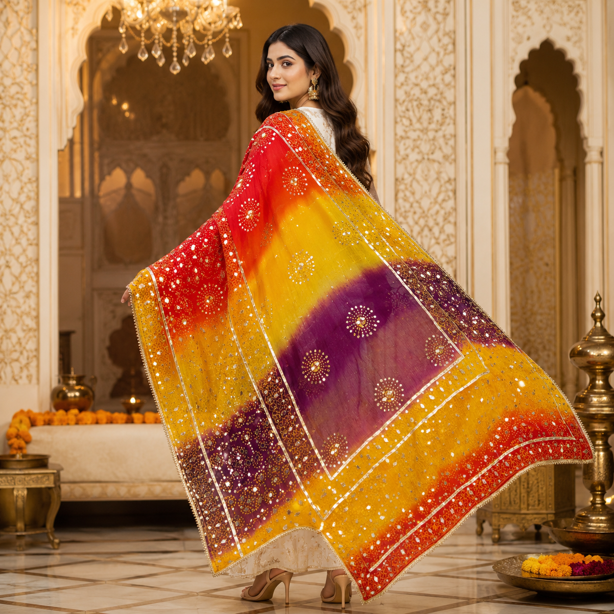Sunset Royale Embroidered Mirror Work Net Dupatta – 2.5 Yards