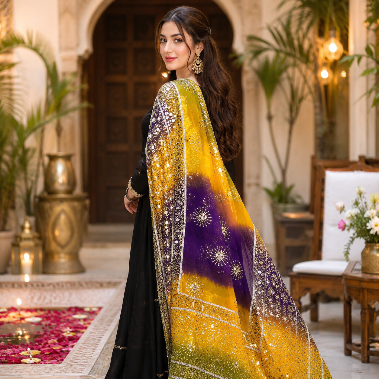 ✨ Royal Fuchsia & Emerald Luxury Mirror Work Net Dupatta – 2.5 Yards ✨