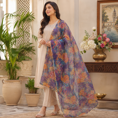 Midnight Bloom Floral Organza Dupatta – 2.5 Yards