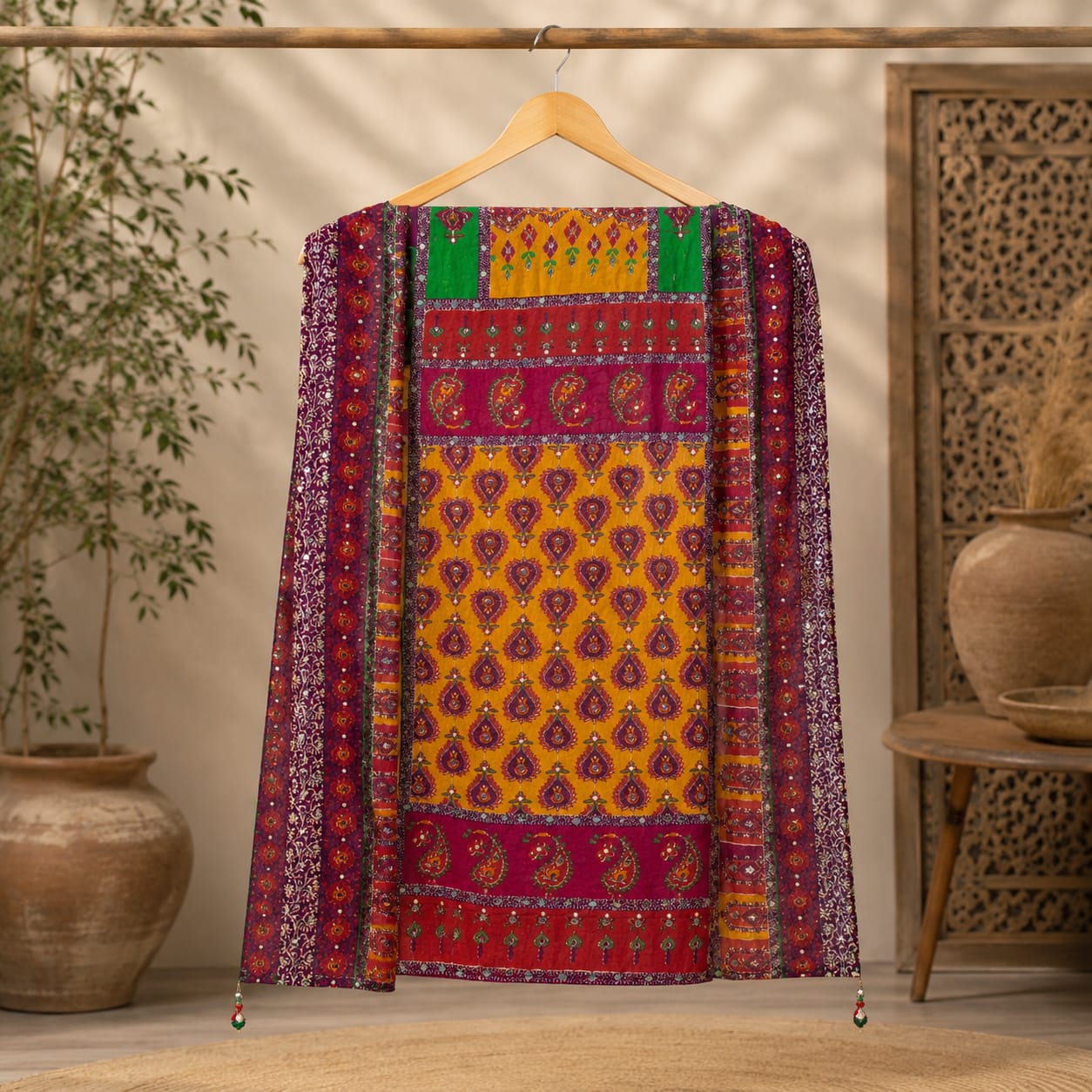 Premium Mirror Work Shawl – 2.5 Ghaz | Vibrant Ethnic Design