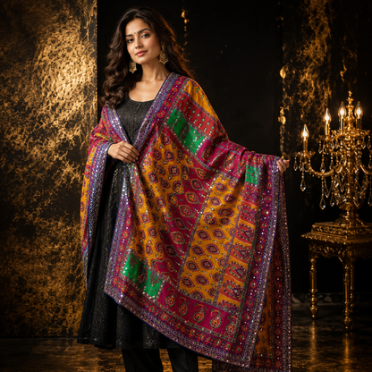 Premium Mirror Work Shawl – 2.5 Ghaz | Vibrant Ethnic Design