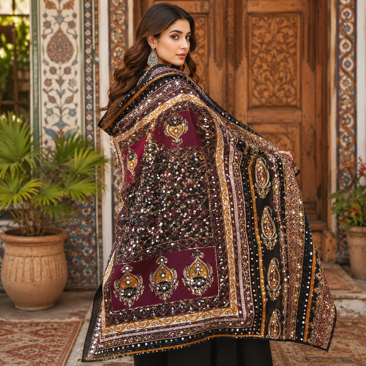 Luxury Mirror Work Shawl (2.5 Ghaz) – Soft Fabric with Elegant Design