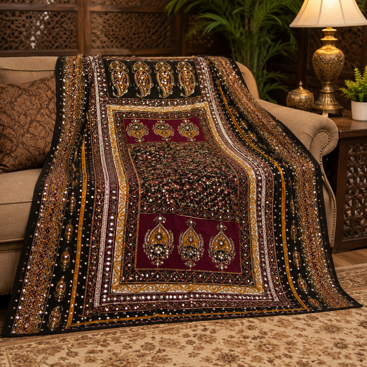 Luxury Mirror Work Shawl (2.5 Ghaz) – Soft Fabric with Elegant Design