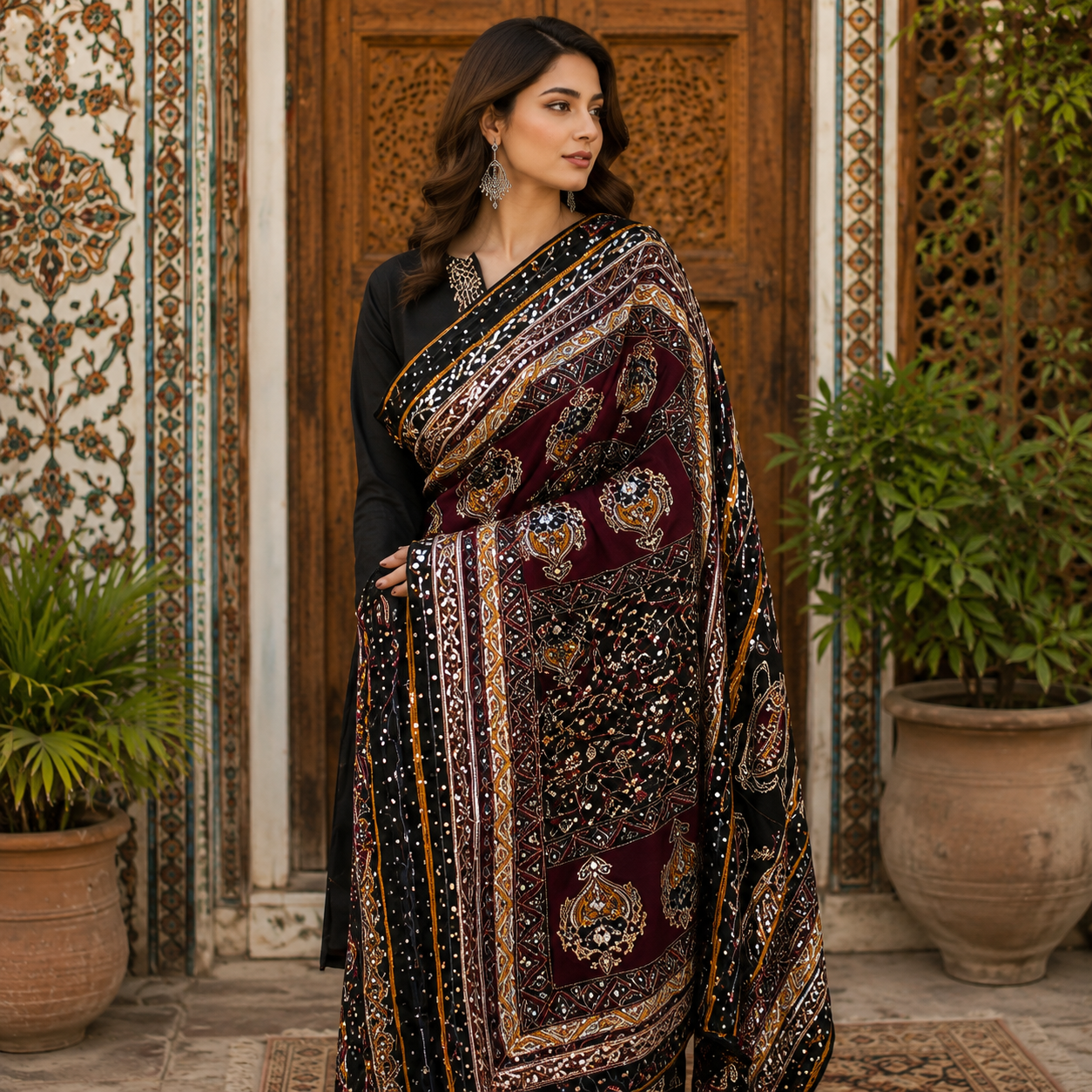 Luxury Mirror Work Shawl (2.5 Ghaz) – Soft Fabric with Elegant Design