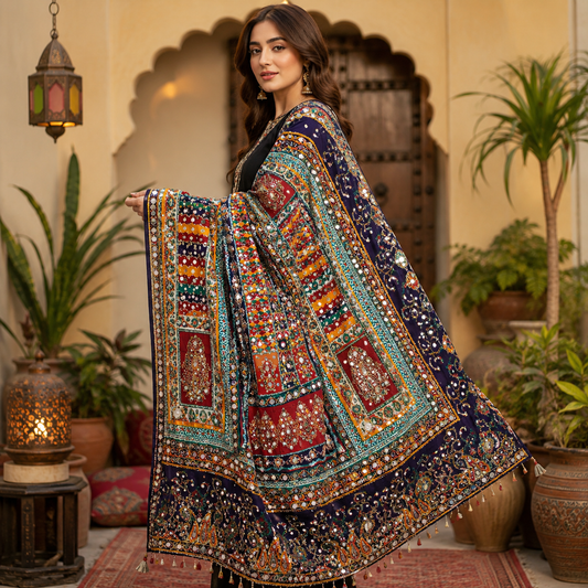 Royal Multicolor Mirror Work Shawl – 2.5 Ghaz Luxury Soft Fabric Wrap for Women
