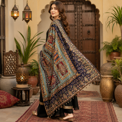 Royal Multicolor Mirror Work Shawl – 2.5 Ghaz Luxury Soft Fabric Wrap for Women