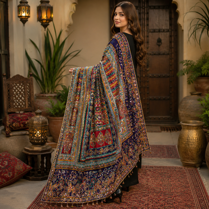 Royal Multicolor Mirror Work Shawl – 2.5 Ghaz Luxury Soft Fabric Wrap for Women