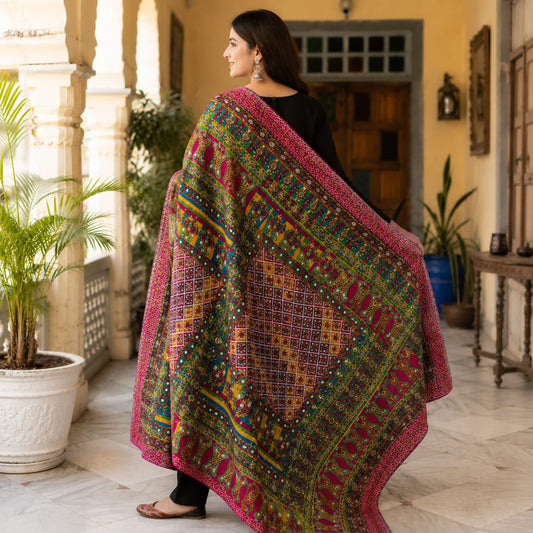 Royal Multicolor Mirror Work Shawl – 2.5 Ghaz | Premium Fine Finish Traditional Wrap