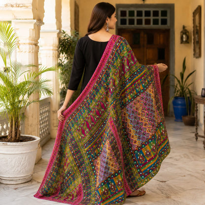 Royal Multicolor Mirror Work Shawl – 2.5 Ghaz | Premium Fine Finish Traditional Wrap