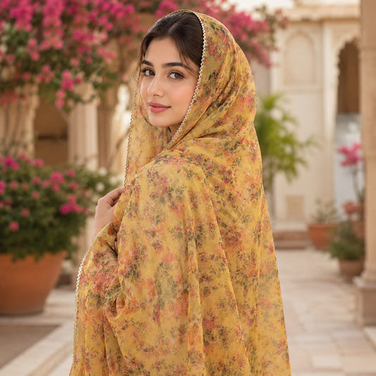 Luxury Floral Print Organza Dupatta – Soft Yellow 2.5 Yards