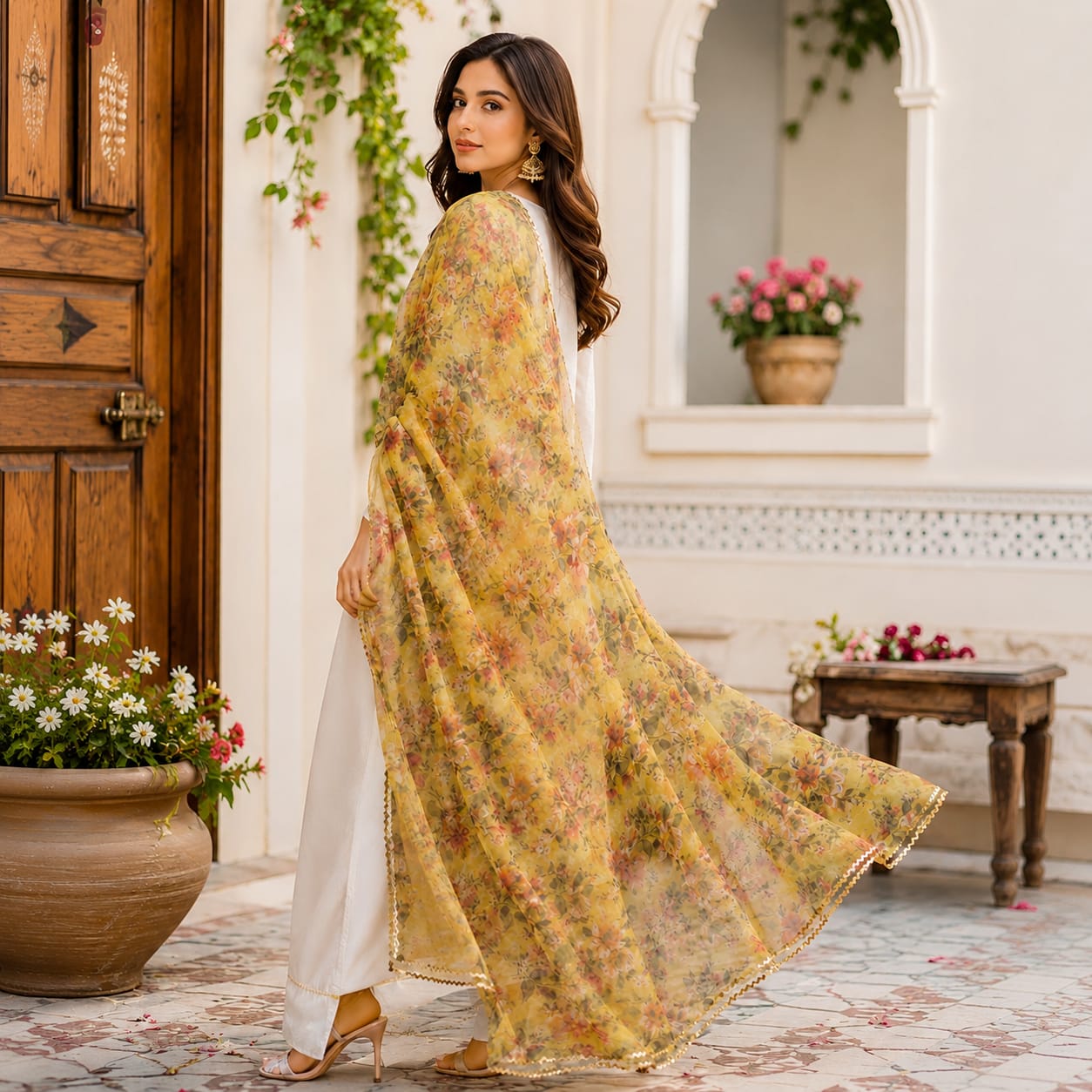 Luxury Floral Print Organza Dupatta – Soft Yellow 2.5 Yards
