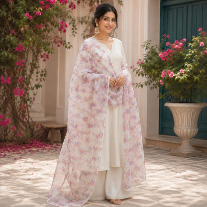 Mint Blossom Printed Organza Dupatta – 2.5 Yards Floral Elegance