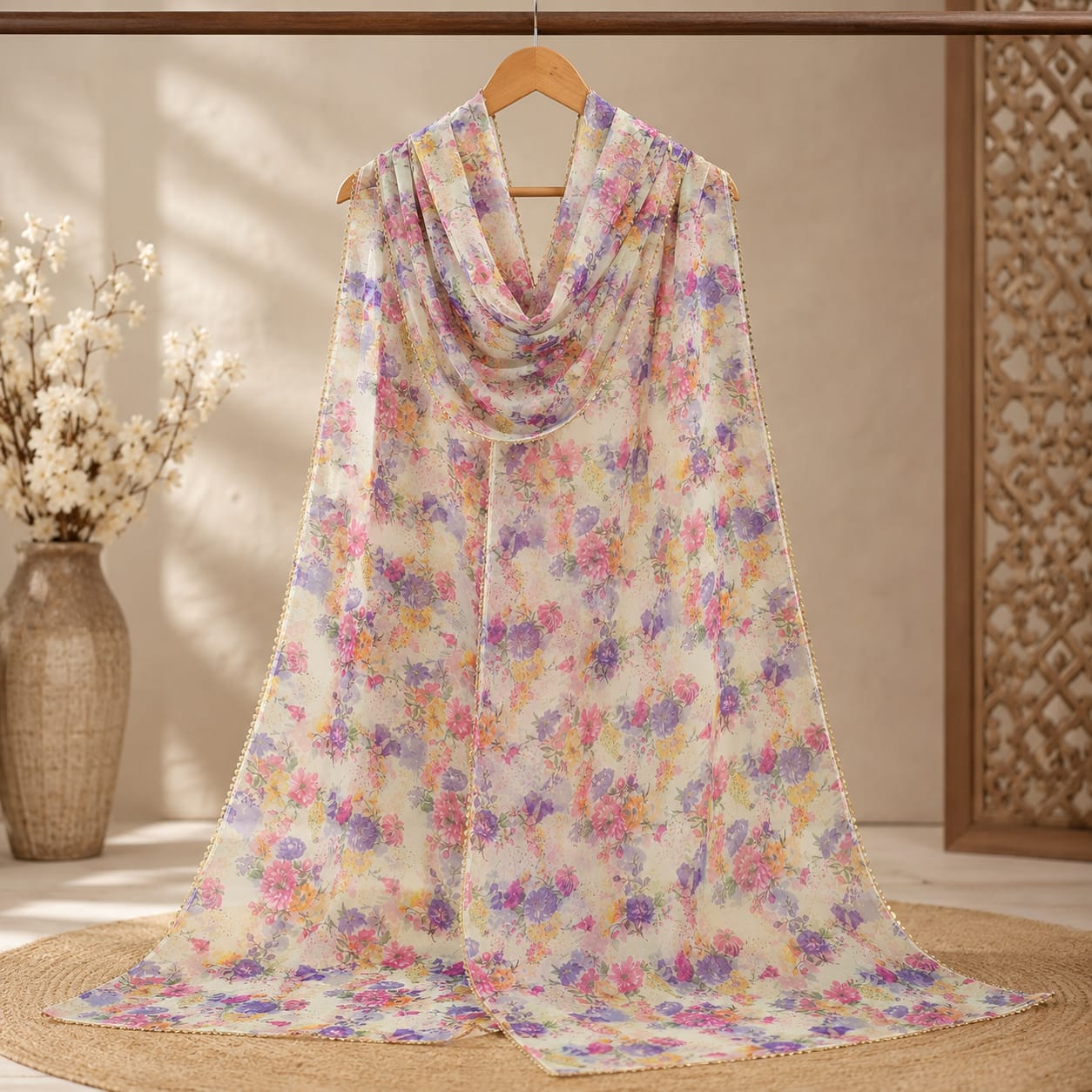Mint Blossom Printed Organza Dupatta – 2.5 Yards Floral Elegance