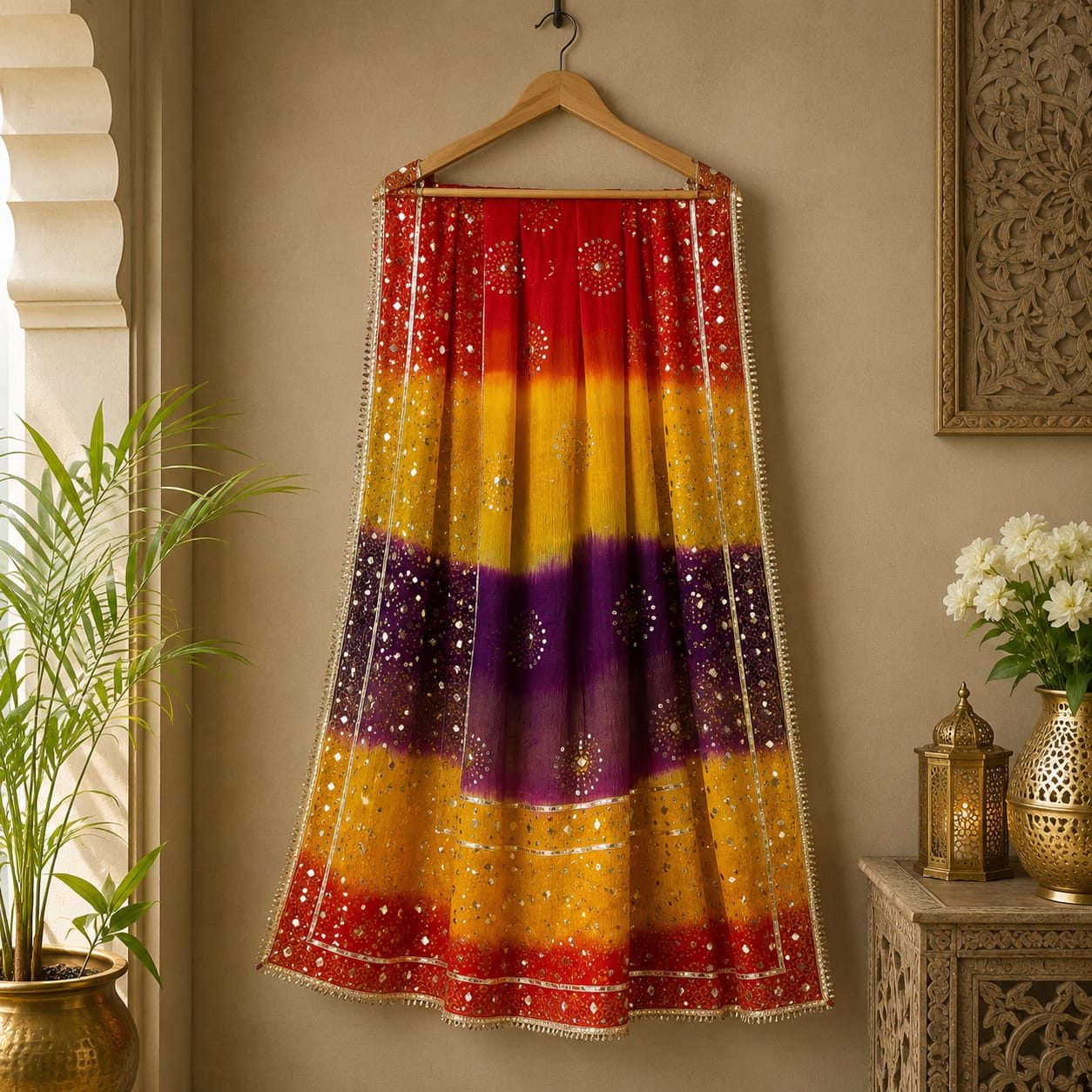 Sunset Royale Embroidered Mirror Work Net Dupatta – 2.5 Yards