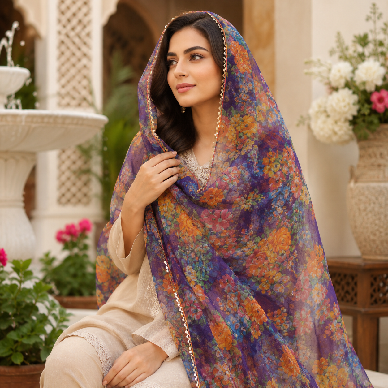 Midnight Bloom Floral Organza Dupatta – 2.5 Yards