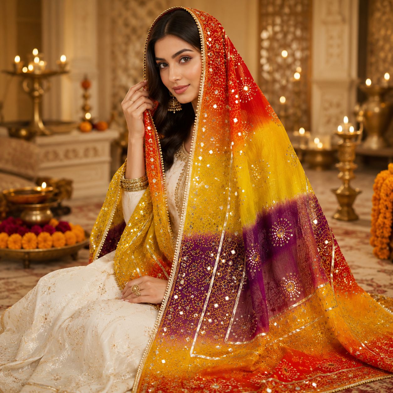 Sunset Royale Embroidered Mirror Work Net Dupatta – 2.5 Yards