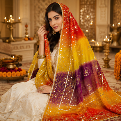 Sunset Royale Embroidered Mirror Work Net Dupatta – 2.5 Yards