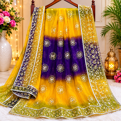 ✨ Royal Fuchsia & Emerald Luxury Mirror Work Net Dupatta – 2.5 Yards ✨