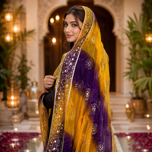 ✨ Royal Fuchsia & Emerald Luxury Mirror Work Net Dupatta – 2.5 Yards ✨