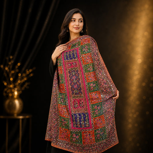 Classic Embroidered Mirror Work Shawl – Fine Quality | 2.5 Ghaz